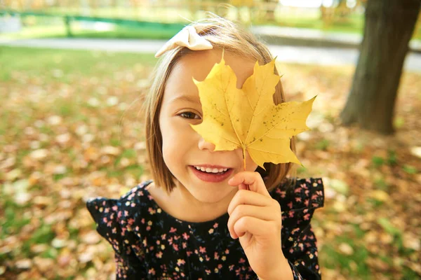 Portret Van Gelukkig Meisje Met Herfstbladeren — Stockfoto