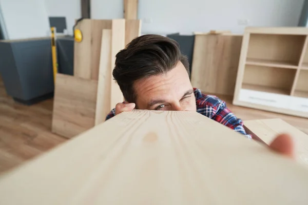 Close Carpenter Looking Wooden Plank — Stock Photo, Image