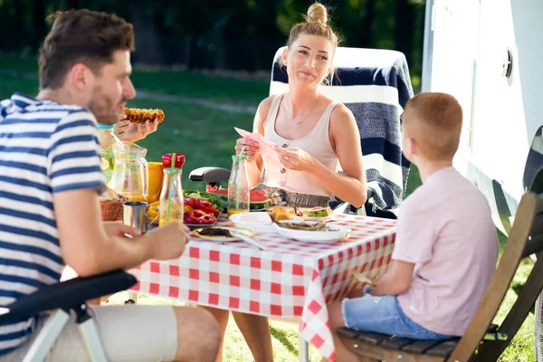 Family Chatting Lunch Camper Trip — Stock Photo, Image