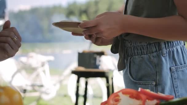 Handhållen Video Dotter Hjälpa Far Med Grill Skjuten Med Red — Stockvideo