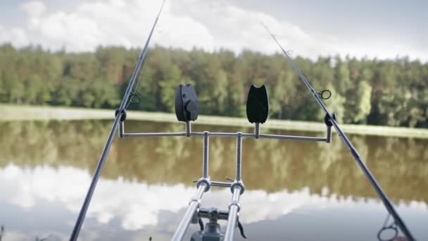 Zoom Out Video Father Teaching Son How Fish Shot Red — Stock Video