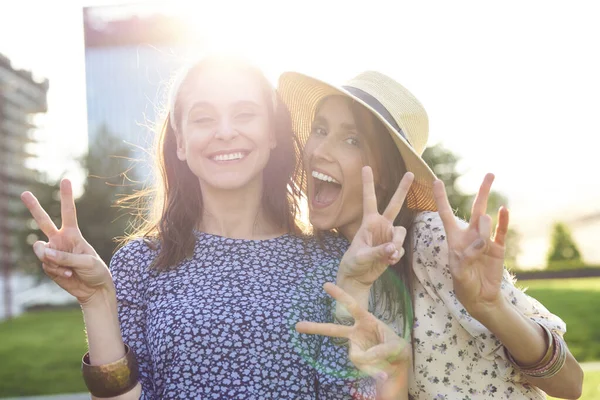 Twee Lachende Mooie Vrouwen Het Zonlicht — Stockfoto