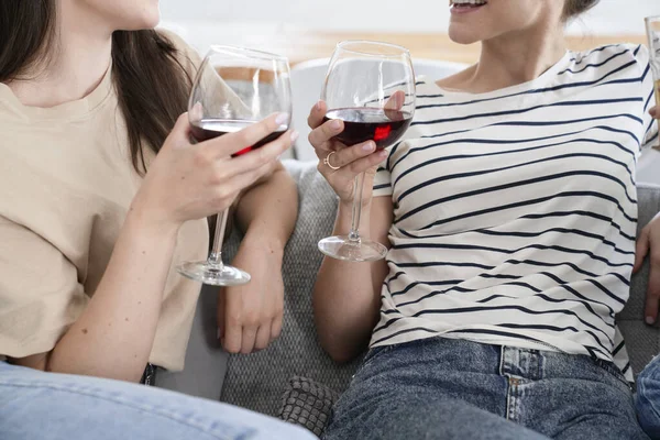 Glasses Red Wine Held Two Women — Stock Photo, Image