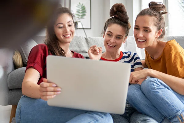 Три Женщины Просматривают Ноутбуке — стоковое фото