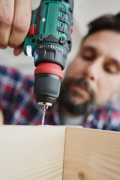 Close Man Drilling Hole Wooden Plank — Stock Photo, Image