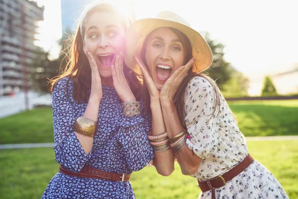 Duas Mulheres Bonitas Felizes Gesticulando Luz Sol — Fotografia de Stock