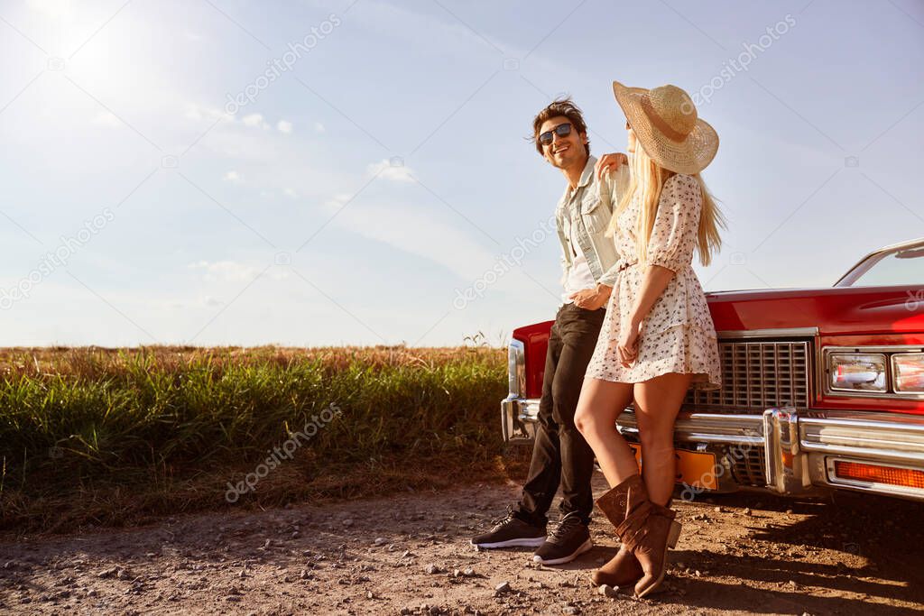 Couple in love on a road trip                               