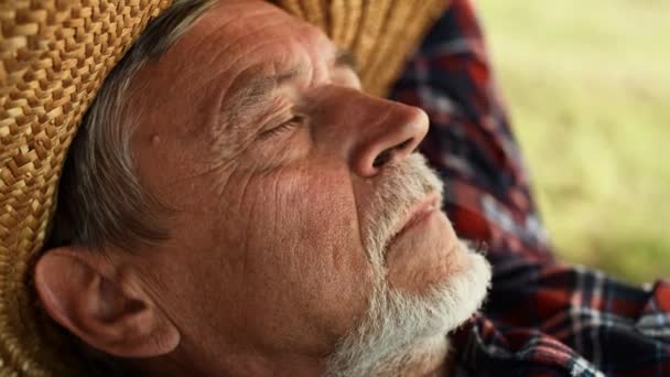 Starší Muž Odpočívá Houpací Síti Snímek Red Heliovou Kamerou — Stock video