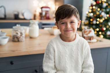 Noel boyunca mutfakta bir çocuğun portresi. 