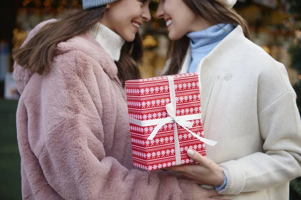 Duas Mulheres Apaixonadas Segurando Presente Natal — Fotografia de Stock