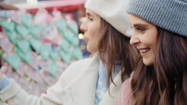 Vidéo Deux Femmes Marchant Parcourant Les Étals Marché Noël Tourné — Video