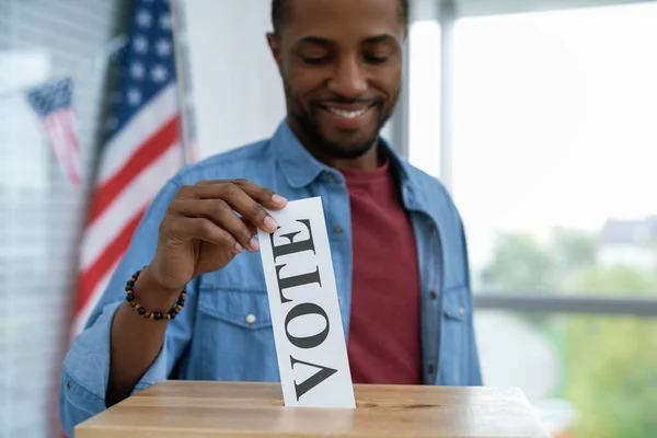 Cheerful Black Man Giving His Vote Ballot Box — Stock Photo, Image
