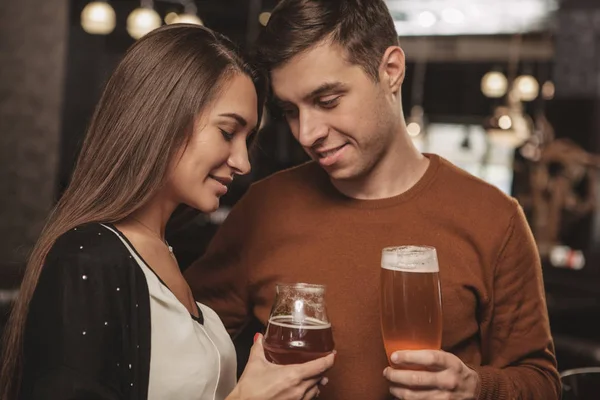 Beautiful Affectionate Couple Cuddling While Having Drinks Together Bar Handsome — Stock Photo, Image