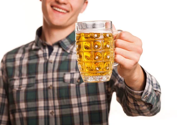 Horizontale Bijgesneden Close Shot Van Een Glas Bier Hand Van — Stockfoto