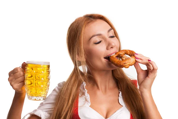 Close Studio Shot Stunning Sexy Bavarian Woman Dirndl Biting Pretzel — Stock Photo, Image