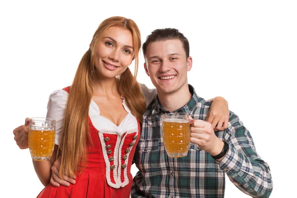 Stúdió Felvétel Egy Boldog Német Házaspár Ünneplő Oktoberfest Mosolyogva Vidáman — Stock Fotó