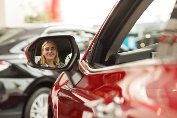 Gorgeous Cheerful Young Woman Smiling Camera Side Mirror Her New — Stock Photo, Image