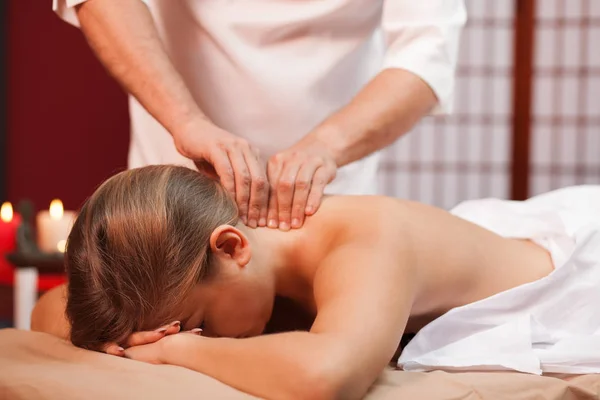 Professional Spa Masseur Massaging Neck Female Client Woman Relaxing Full — Stock Photo, Image
