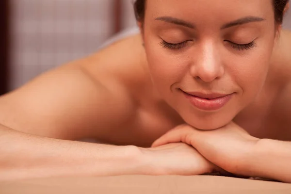 Closeup Happy Beautiful Healthy Woman Smiling Relaxing Spa Center Young — Stock Photo, Image