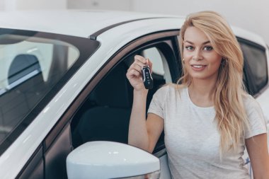 Gorgeous long haired blonde smiling, holding car keys at the dealership. Happy woman posing with her new automobile. Female driver leaning on her vehicle, holding car key. License, driving concept clipart