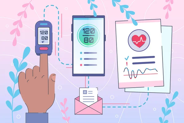 Hjärtsjukdomar Sjukvård, Hypertonisk kontroll via smartphone. Blodtrycksmätare med Telemedicine app — Stock vektor