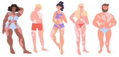 Vitiligo. Pigmentli kadınlar ve erkekler. İç çamaşırlı gençlerin çeşitliliği. Farklı ırklar