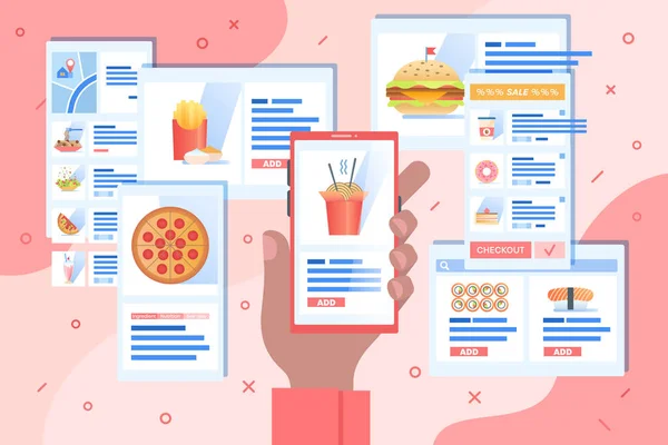 Client fait un repas de commande par smartphone avec Internet. Choix quoi manger pour le déjeuner. Livraison de nourriture en ligne — Image vectorielle