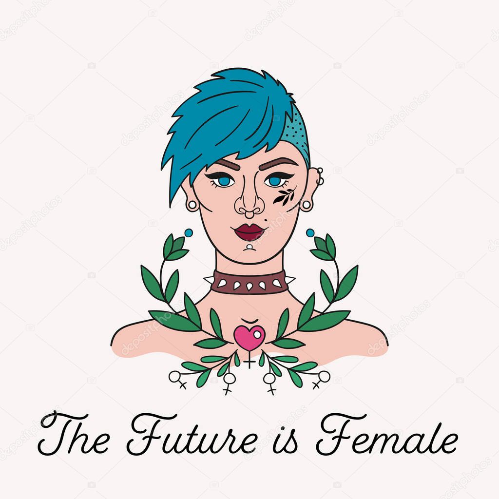 Tattooed punk girl with feminist slogan and plants. Hand drawing greeting card, cover or print