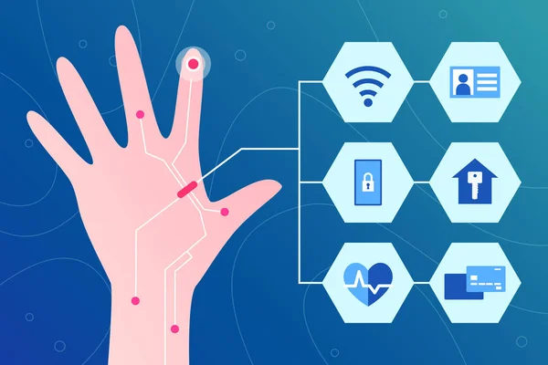 L'homme contrôle la vie par Microchip. Implants de copeaux dans le doigt humain. Main et bulles avec des icônes de la vie quotidienne - infographie — Image vectorielle