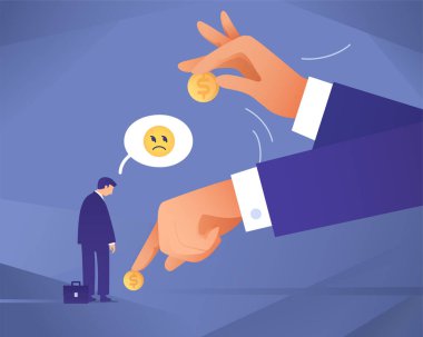 Büyük Patron küçük işçilerden para alıyor. İşverenin maaşı az, maaşı az, maaşı az. Maaş indirimi
