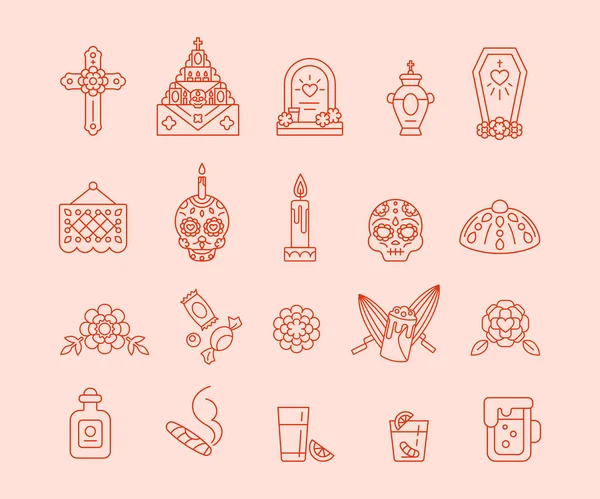 Conjunto de iconos lineales para la celebración del Día de Muertos. Día de los Muertos - Símbolos tradicionales mexicanos, estilo de esquema — Vector de stock