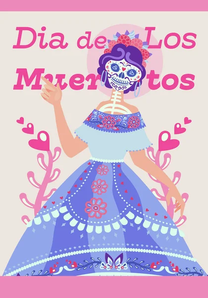 Modern layout of poster for Day of the Dead. Cute mexican skeleton woman character Catrina, sugar palette — Stock Vector