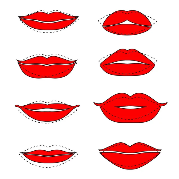 Ilustração Vetorial Conjunto Lábios Femininos Vermelhos Diferentes Fundo Branco — Vetor de Stock