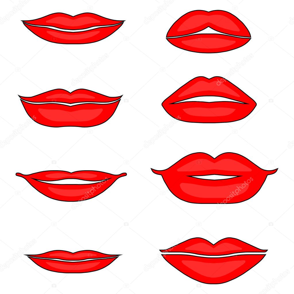 Vector illustration of set of different red female lips on a white background