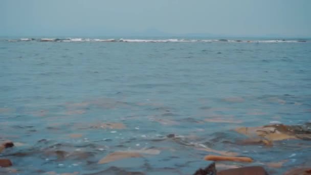 透明な水と波が見つける石海岸 — ストック動画