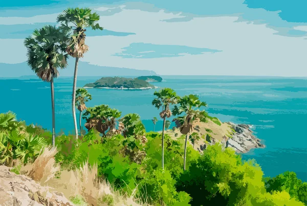 Deniz Palmiye Ağaçları Bulutlar Ile Tropikal Bir Manzara Vektör Çizim — Stok Vektör