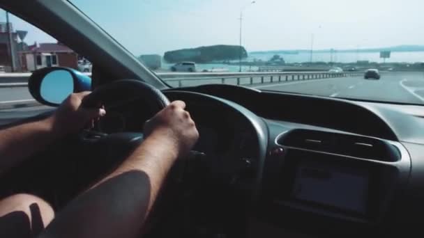 Foto Das Mãos Motorista Volante Dentro Carro Estrada — Vídeo de Stock