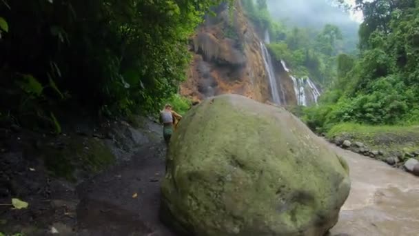 Video Van Een Hoge Waterval Het Midden Van Een Bos — Stockvideo