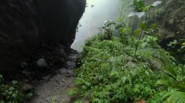 Ormanın yüksek bir dağdaki uçuruma kadar uzanan kayalık bir nehir ve yeşil ağaçla ilgili birinci şahıs videosu.
