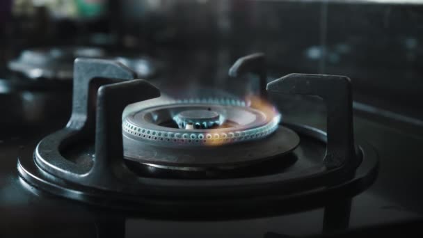 Video Una Estufa Gas Negro Con Llama Ardiente Azul Rojo — Vídeos de Stock