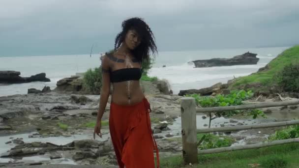 Güzel Esmer Afrikalı Bir Kızın Videosu Makyajlı Vücuduna Etnik Çizgiler — Stok video