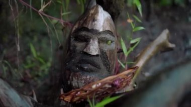 Endonezya ormanında Hindistan cevizinden oyulmuş ormanın parfümünün yüzlerinin olduğu antik bir yerin videosu.