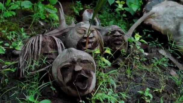 印度尼西亚丛林里一个古老而神秘的地方的录像 用椰子雕刻的森林芬芳的脸庞 — 图库视频影像