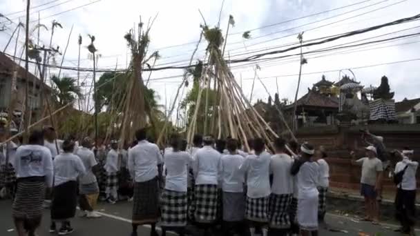 Desa Munggu Kabupatten Badung Bali インドネシア 2020年2月29日 儀式Mekotekは何世紀にもわたってバリのヒンドゥスによって評価されてきた遺産です 男が持っている長い棒の儀式 — ストック動画