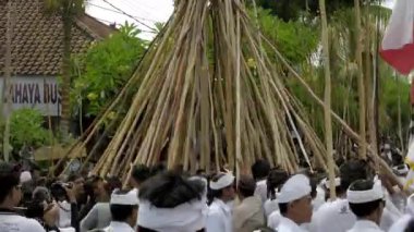 Desa Munggu, Kabupaten Badung, Bali, Endonezya - 29 Şubat 2020: Seremoni Mekotek, Hindular tarafından yüzyıllardır Bali 'de ilan edilen bir miras. Erkeklerin tuttuğu uzun sopalı bir ayin..