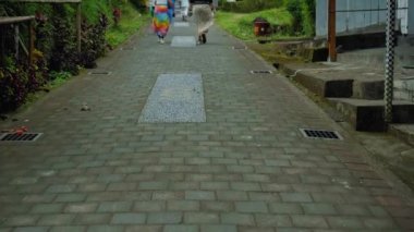 Pampatan, Rendang, Karangasem Regancy, Bali, Endonezya - 18 Temmuz 2020: Bali adasında antik taş binaların bulunduğu kutsal bir yerde yürüyen insanların videosu