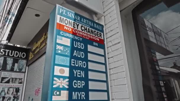 Üzerinde Para Değiştirici Yazan Döviz Fiyatları Olmayan Mavi Bir Sokak — Stok video