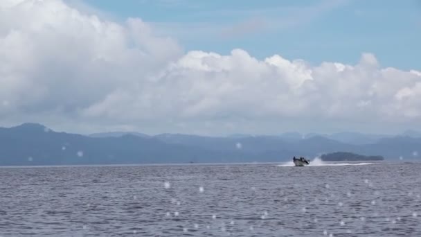 インドネシア モーター ボートは熱帯の島の背景海ですばやく泳ぐ スローモーション — ストック動画
