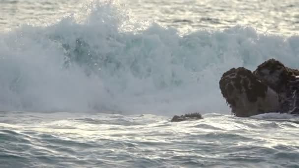 Wieczór Nad Morzem Bliska Wave Surf Rozkłada Się Skałach Zarośnięty — Wideo stockowe