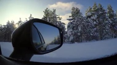 Kış orman yolu. Güneşli bir gün. Araba ve görünümün ayna yolcu koltuğundan görüntülemek